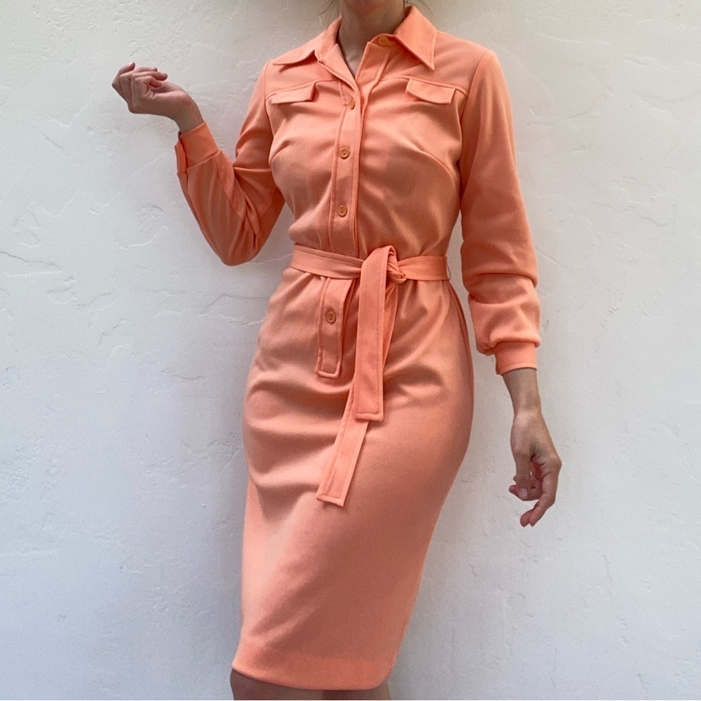 Jennifer Gee Vintage Midi Shirt Dress Bright Peach Salmon Pink Orange